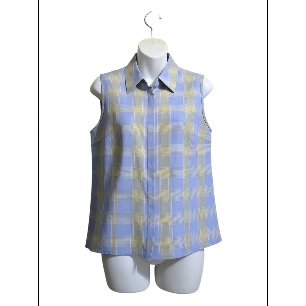 Due Per Due Plaid Silk Linen Blend Collared Sleeveless Blouse Sz 6